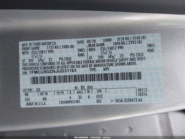 Aukcja sprzedaży 2018 Ford Escape Se, vin: 1FMCU9GD9JUD31163, numer aukcji: 46265992