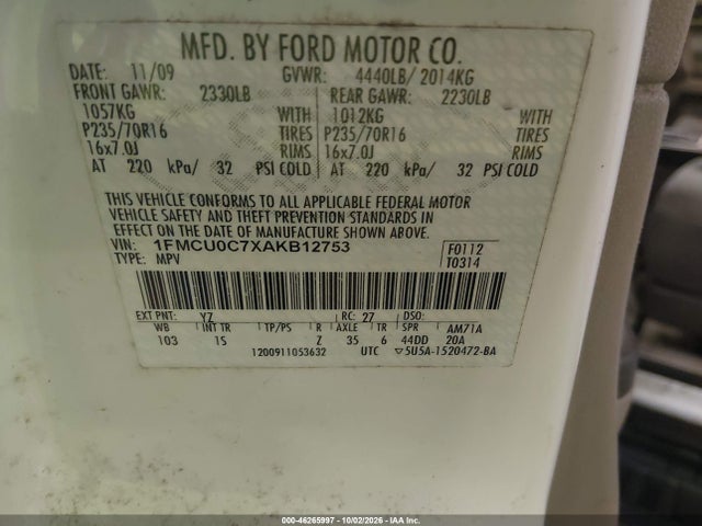 Продаж на аукціоні авто 2010 Ford Escape Xls, vin: 1FMCU0C7XAKB12753, номер лоту: 46265997