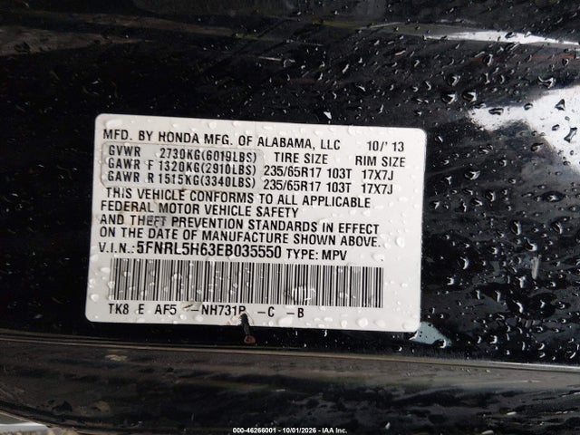 46266001 :رقم المزاد ، 5FNRL5H63EB035550 vin ، 2014 Honda Odyssey Ex-l مزاد بيع