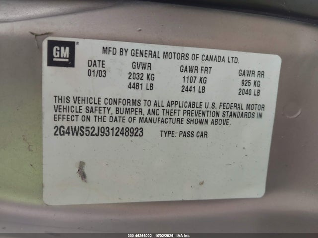 Продаж на аукціоні авто 2003 Buick Century Custom, vin: 2G4WS52J931248923, номер лоту: 46266002