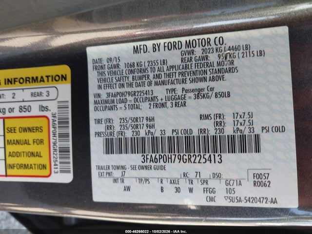 Ford FUSION SE 2016 3FA6P0H79GR225413 Image 9