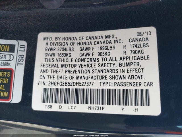 46266023 :رقم المزاد ، 2HGFG3B52DH527377 vin ، 2013 Honda Civic Lx مزاد بيع