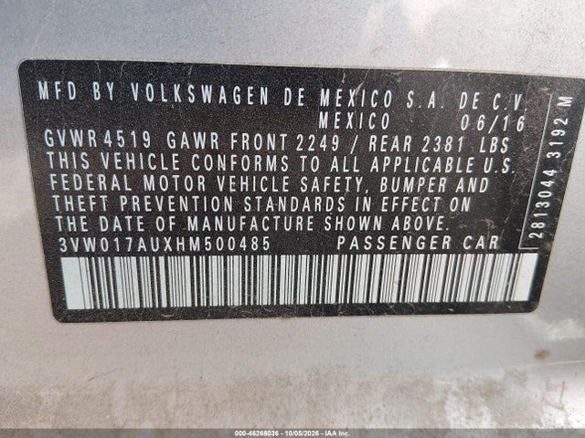 Aukcja sprzedaży 2017 Volkswagen Golf Sportwagen Tsi S, vin: 3VW017AUXHM500485, numer aukcji: 46266036