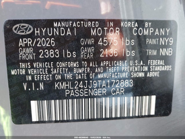 Aukcja sprzedaży 2026 Hyundai Sonata Hybrid Blue, vin: KMHL24JJ9TA172883, numer aukcji: 46266040