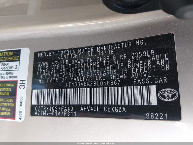 Aukcja sprzedaży 2008 Toyota Camry Hybrid, vin: 4T1BB46K78U058867, numer aukcji: 46266049