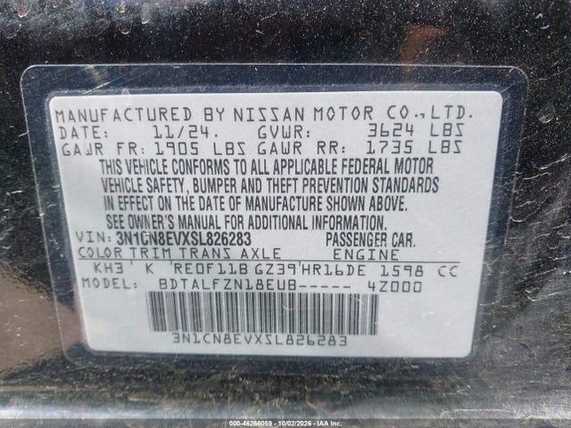 Aukcja sprzedaży 2025 Nissan Versa 1.6 Sv, vin: 3N1CN8EVXSL826283, numer aukcji: 46266059
