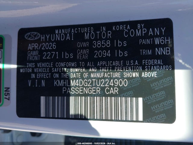 Aukcja sprzedaży 2026 Hyundai Elantra Sel Sport, vin: KMHLM4DG2TU224900, numer aukcji: 46266080