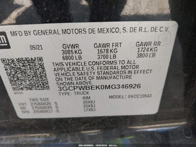 3GCPWBEK0MG346926 Chevrolet Silverado 1500 2wd Short Bed Custom