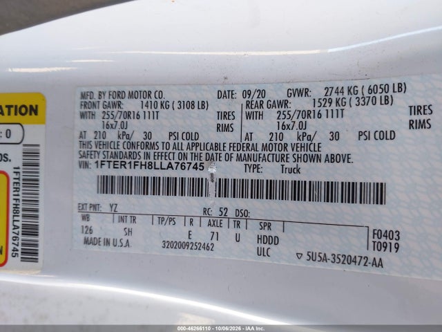 Продаж на аукціоні авто 2020 Ford Ranger Xl, vin: 1FTER1FH8LLA76745, номер лоту: 46266110