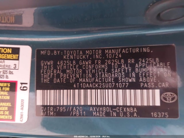46266134 :رقم المزاد ، 4T1DAACK2SU071077 vin ، 2025 Toyota Camry Le مزاد بيع
