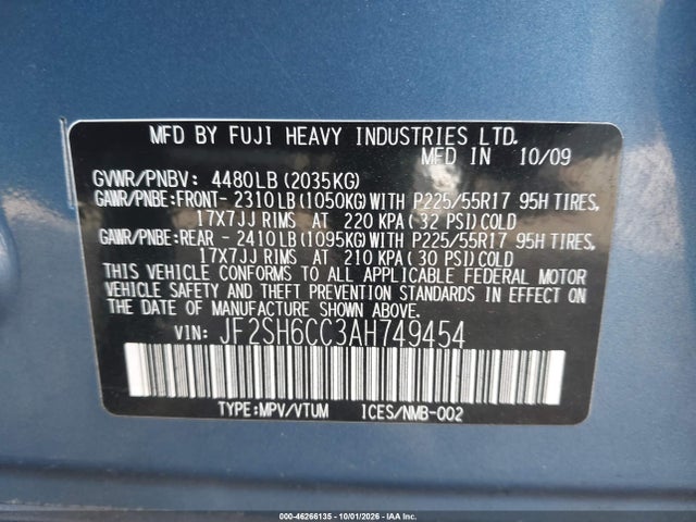 46266135 :رقم المزاد ، JF2SH6CC3AH749454 vin ، 2010 Subaru Forester 2.5x Premium مزاد بيع