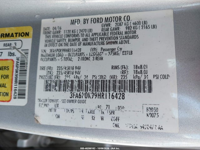 Auction sale of the 2017 Ford Fusion Titanium, vin: 3FA6P0K99HR116428, lot number: 46266162