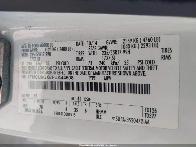 2015 Ford Escape Se მანქანა იყიდება აუქციონზე, vin: 1FMCU9GX8FUA44608, აუქციონის ნომერი: 46266170
