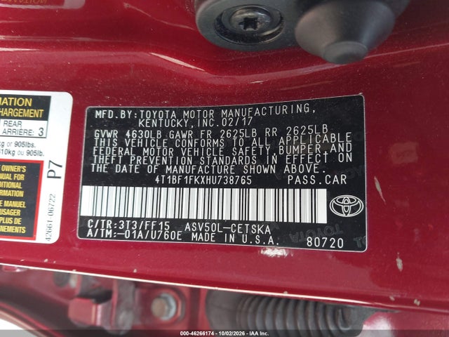 46266174 :رقم المزاد ، 4T1BF1FKXHU738765 vin ، 2017 Toyota Camry Se مزاد بيع