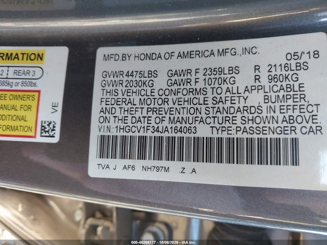 46266177 :رقم المزاد ، 1HGCV1F34JA164063 vin ، 2018 Honda Accord Sport مزاد بيع