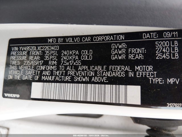 46266185 :رقم المزاد ، YV4952DLXC2263403 vin ، 2012 Volvo Xc60 3.2/3.2 Platinum/3.2 Premier/3.2 Premier Plus مزاد بيع