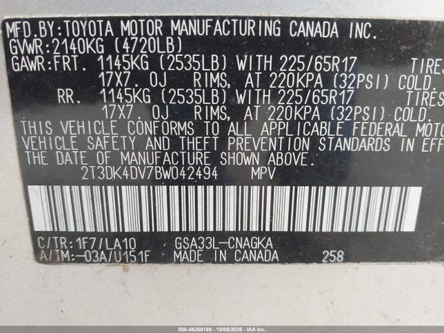 Aukcja sprzedaży 2011 Toyota Rav4 Limited V6, vin: 2T3DK4DV7BW042494, numer aukcji: 46266189
