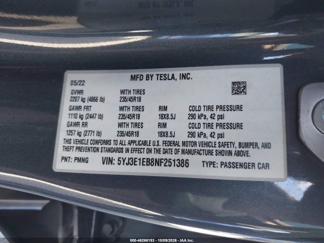 5YJ3E1EB8NF251386 Tesla Model 3 Long Range Dual Motor All-wheel Drive