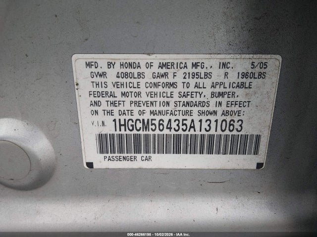 Aukcja sprzedaży 2005 Honda Accord 2.4 Lx, vin: 1HGCM56435A131063, numer aukcji: 46266198