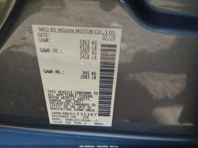 46266200 :رقم المزاد ، 1N4BL4BV2LC235167 vin ، 2020 Nissan Altima S Fwd مزاد بيع