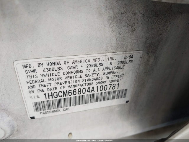 Продажа на аукционе авто 2004 Honda Accord 3.0 Ex, vin: 1HGCM66804A100781, номер лота: 46266203