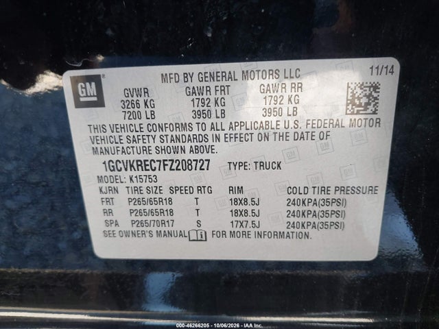 46266205 :رقم المزاد ، 1GCVKREC7FZ208727 vin ، 2015 Chevrolet Silverado 1500 1lt مزاد بيع