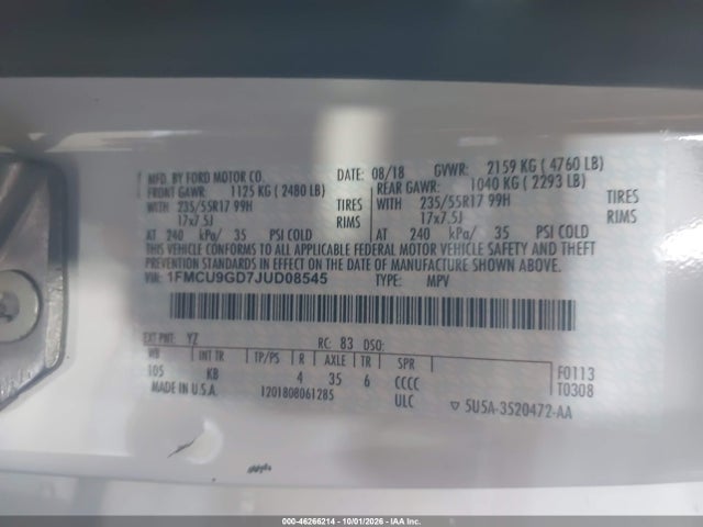 2018 Ford Escape Se მანქანა იყიდება აუქციონზე, vin: 1FMCU9GD7JUD08545, აუქციონის ნომერი: 46266214