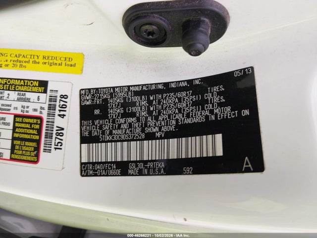 46266221 :رقم المزاد ، 5TDKK3DC9DS372528 vin ، 2013 Toyota Sienna Le V6 8 Passenger مزاد بيع