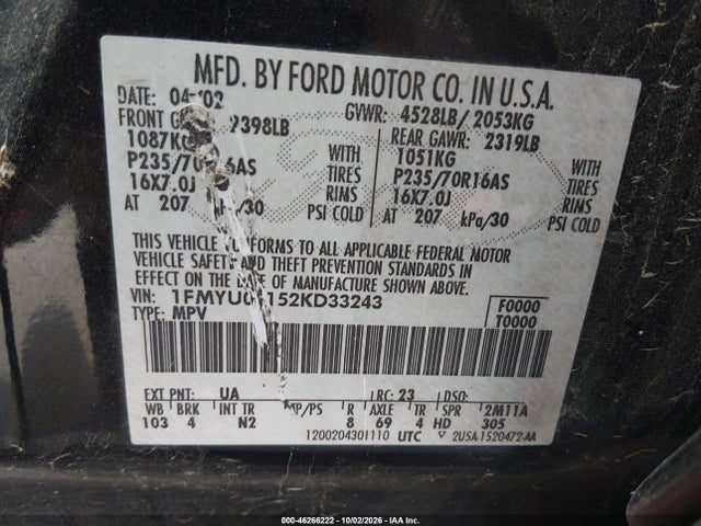 Продаж на аукціоні авто 2002 Ford Escape Xlt, vin: 1FMYU04152KD33243, номер лоту: 46266222