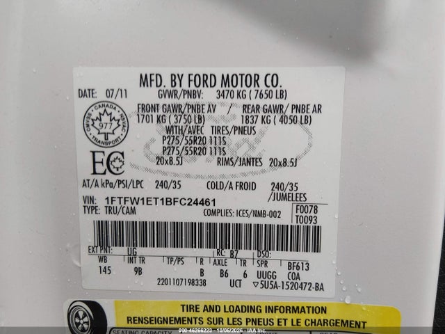 2011 Ford F-150 Platinum მანქანა იყიდება აუქციონზე, vin: 1FTFW1ET1BFC24461, აუქციონის ნომერი: 46266223