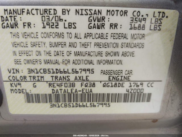 2006 Nissan Sentra 1.8s მანქანა იყიდება აუქციონზე, vin: 3N1CB51D66L567995, აუქციონის ნომერი: 46266249