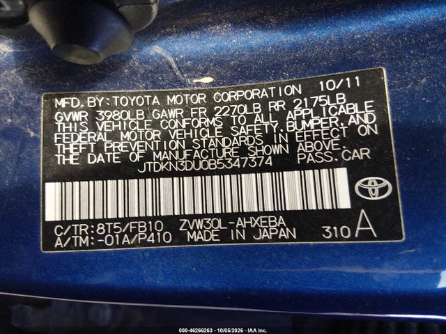 46266263 :رقم المزاد ، JTDKN3DU0B5347374 vin ، 2011 Toyota Prius Three مزاد بيع