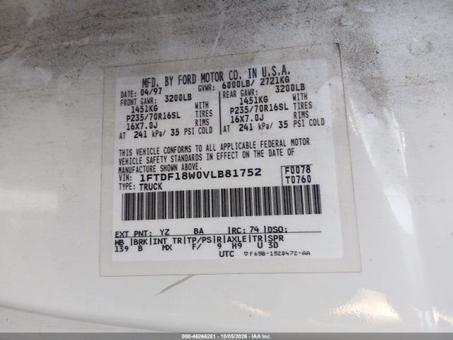 Продаж на аукціоні авто 1997 Ford F-150 Lariat/standard/xl/xlt, vin: 1FTDF18W0VLB81752, номер лоту: 46266281