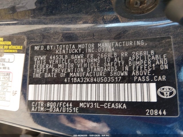46266300 :رقم المزاد ، 4T1BA32K84U503517 vin ، 2004 Toyota Camry Se V6 مزاد بيع
