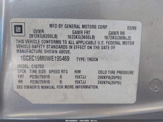 Продаж на аукціоні авто 1998 Chevrolet C1500 Fleetside Cmi, vin: 1GCEC19M9WE195469, номер лоту: 46266307