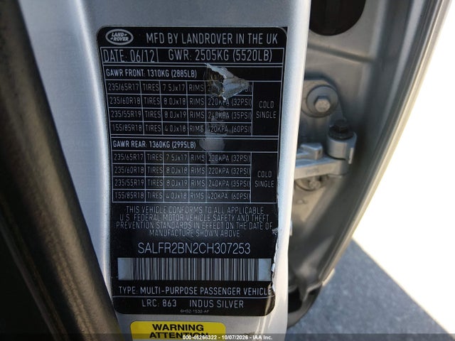 Aukcja sprzedaży 2012 Land Rover Lr2, vin: SALFR2BN2CH307253, numer aukcji: 46266322