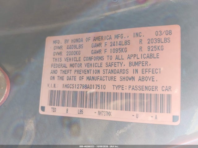 Продаж на аукціоні авто 2008 Honda Accord 2.4 Ex, vin: 1HGCS12798A017510, номер лоту: 46266323