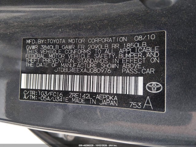 46266329 :رقم المزاد ، JTDBU4EEXAJ080976 vin ، 2010 Toyota Corolla Le مزاد بيع