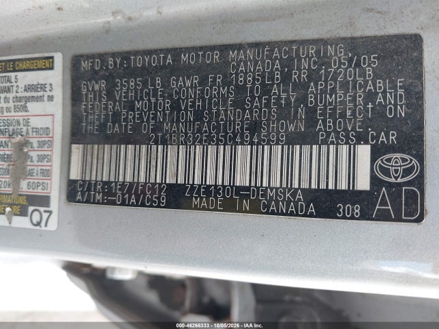 46266333 :رقم المزاد ، 2T1BR32E35C494599 vin ، 2005 Toyota Corolla S مزاد بيع