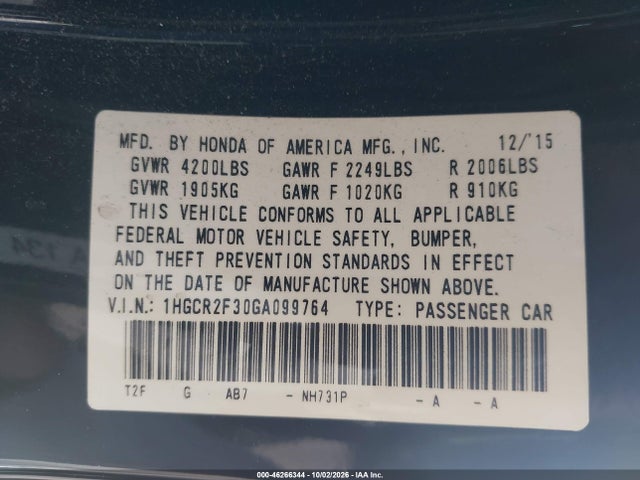 Honda ACCORD LX 2016 1HGCR2F30GA099764 Image 9