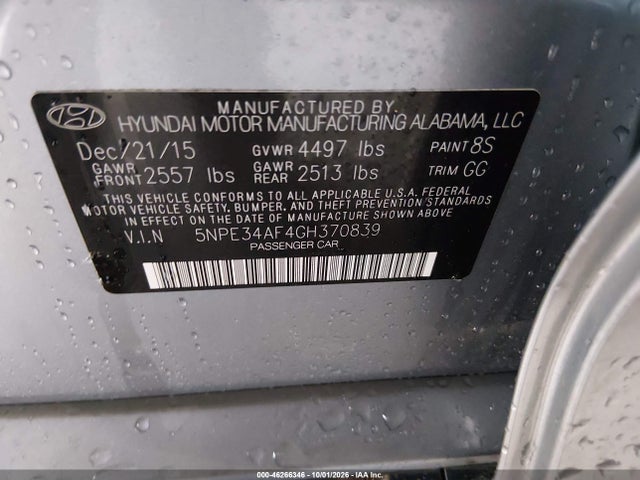 46266346 :رقم المزاد ، 5NPE34AF4GH370839 vin ، 2016 Hyundai Sonata Sport مزاد بيع