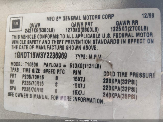 Aukcja sprzedaży 2000 Chevrolet Blazer Ls, vin: 1GNDT13W3Y2236969, numer aukcji: 46266348