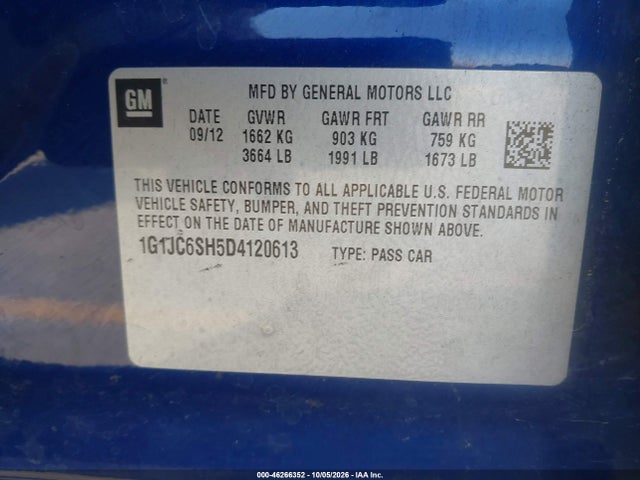 2013 Chevrolet Sonic Lt Auto მანქანა იყიდება აუქციონზე, vin: 1G1JC6SH5D4120613, აუქციონის ნომერი: 46266352