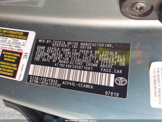 2009 Toyota Camry Le მანქანა იყიდება აუქციონზე, vin: 4T1BE46K39U871681, აუქციონის ნომერი: 46266355