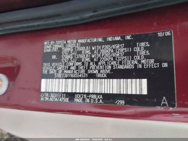 Aukcja sprzedaży 2006 Toyota Tundra Limited V8, vin: 5TBET38116S554531, numer aukcji: 46266359