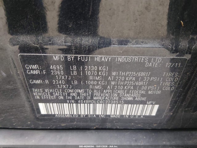 Продаж на аукціоні авто 2012 Subaru Outback 3.6r Limited, vin: 4S4BRDLC4C2238515, номер лоту: 46266394