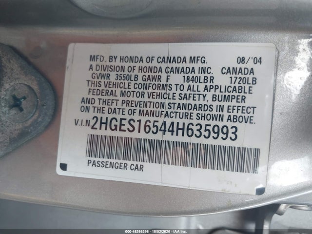 2004 Honda Civic Lx მანქანა იყიდება აუქციონზე, vin: 2HGES16544H635993, აუქციონის ნომერი: 46266396