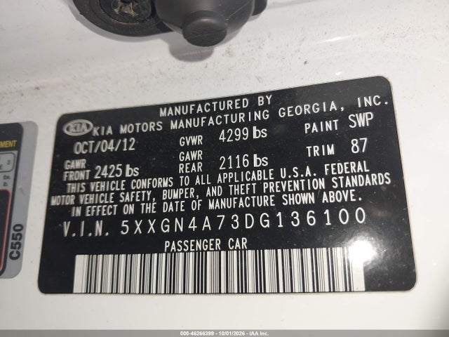 Aukcja sprzedaży 2013 Kia Optima Ex, vin: 5XXGN4A73DG136100, numer aukcji: 46266399