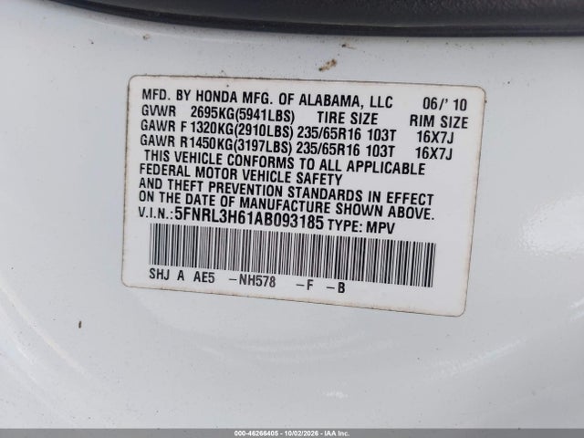 Продажа на аукционе авто 2010 Honda Odyssey Ex-l, vin: 5FNRL3H61AB093185, номер лота: 46266405