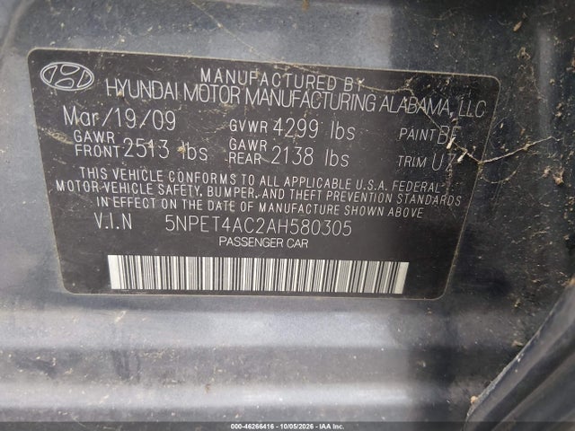 2010 Hyundai Sonata Gls მანქანა იყიდება აუქციონზე, vin: 5NPET4AC2AH580305, აუქციონის ნომერი: 46266416